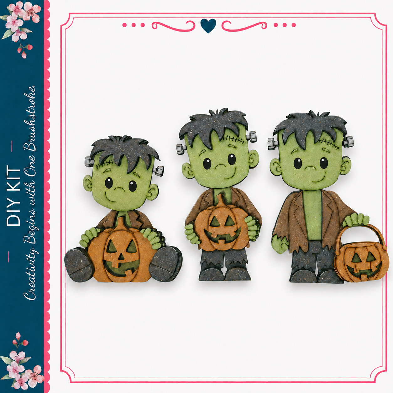 three green-skinned, cartoon-like characters holding carved pumpkins.