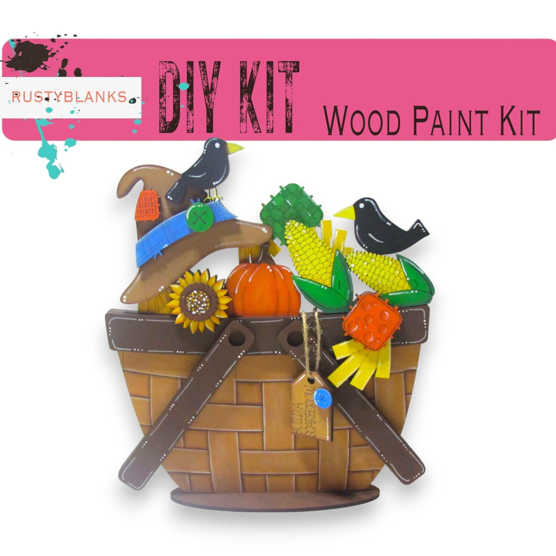 a wooden paint kit with a basket of items