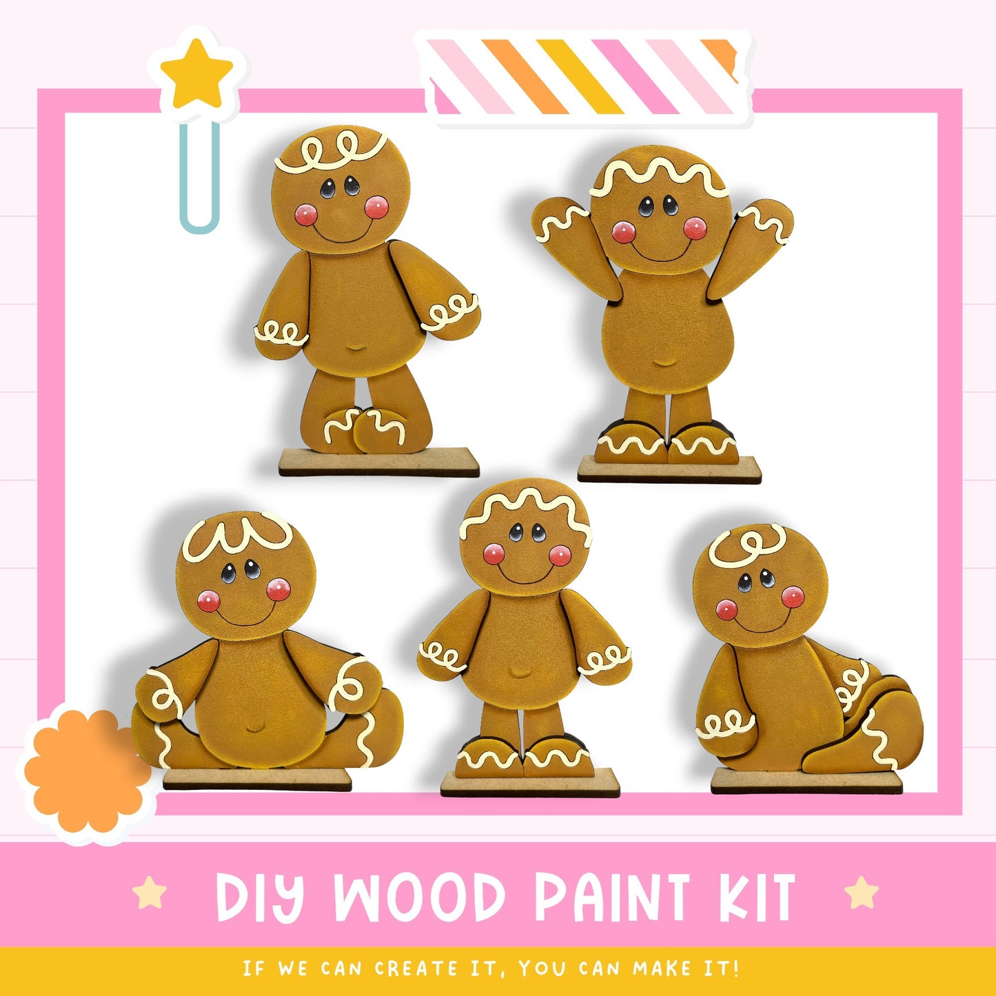 a DIY wood paint kit for creating wooden gingerbread man figures. There are five gingerbread man figures in various poses, including sitting, standing, and kneeling, all with white icing and a smile. The kit appears to be made of wood and includes instructions for painting the figures.