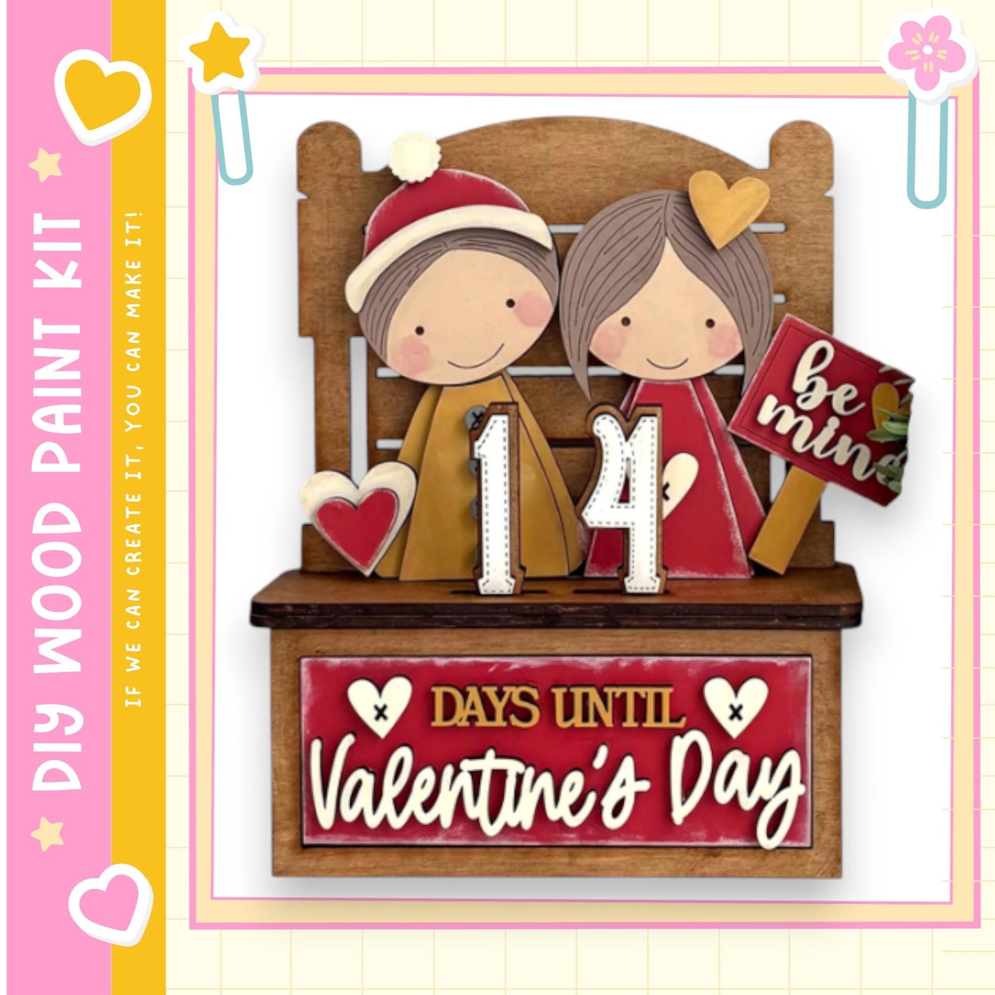 A wooden bench with two cartoon figures, one wearing a red hat and the other a red dress, sitting on it. The bench has a sign that says "14 DAYS UNTIL Valentine's Day".