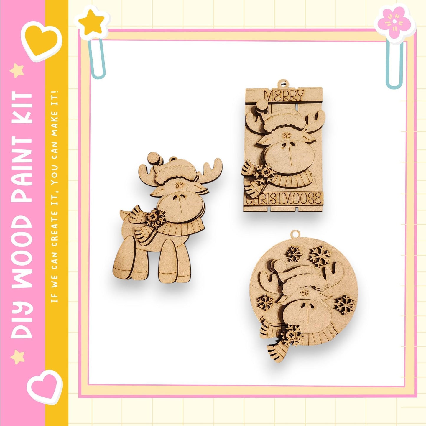 three wooden ornaments, including a moose, a snowflake, and a Christmas tree, all of which appear to be made of wood and are displayed against a white background.