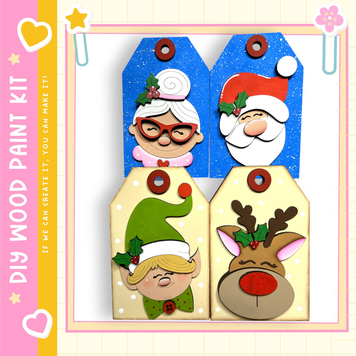 a set of four wooden paint tags, each depicting a different holiday character: Santa Claus, an elf, a reindeer, and a gnome.