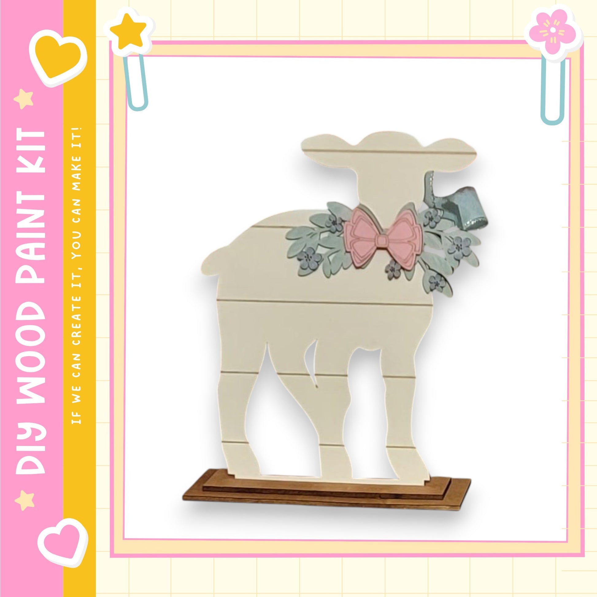 A wooden sheep figurine with a bow on its head, standing on a wooden base.
