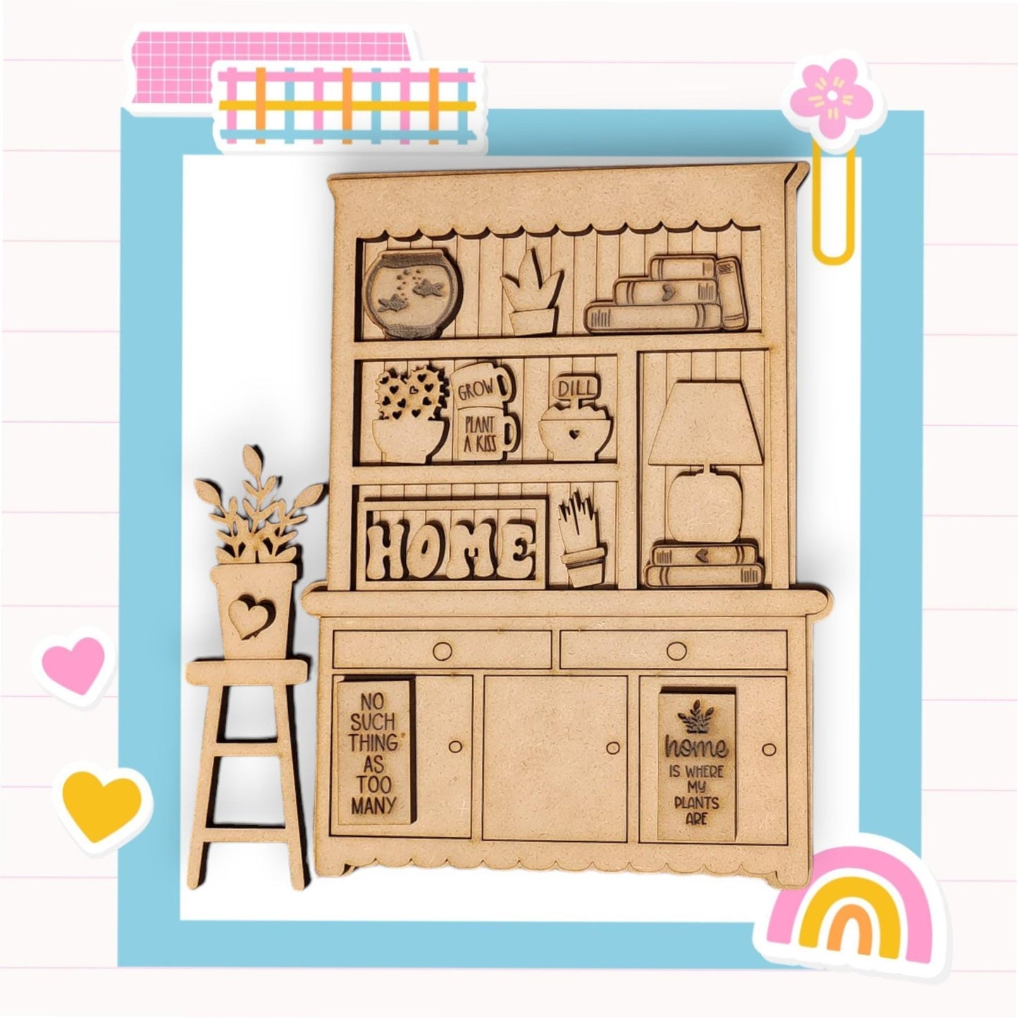 a wooden cutout of a toy kitchen