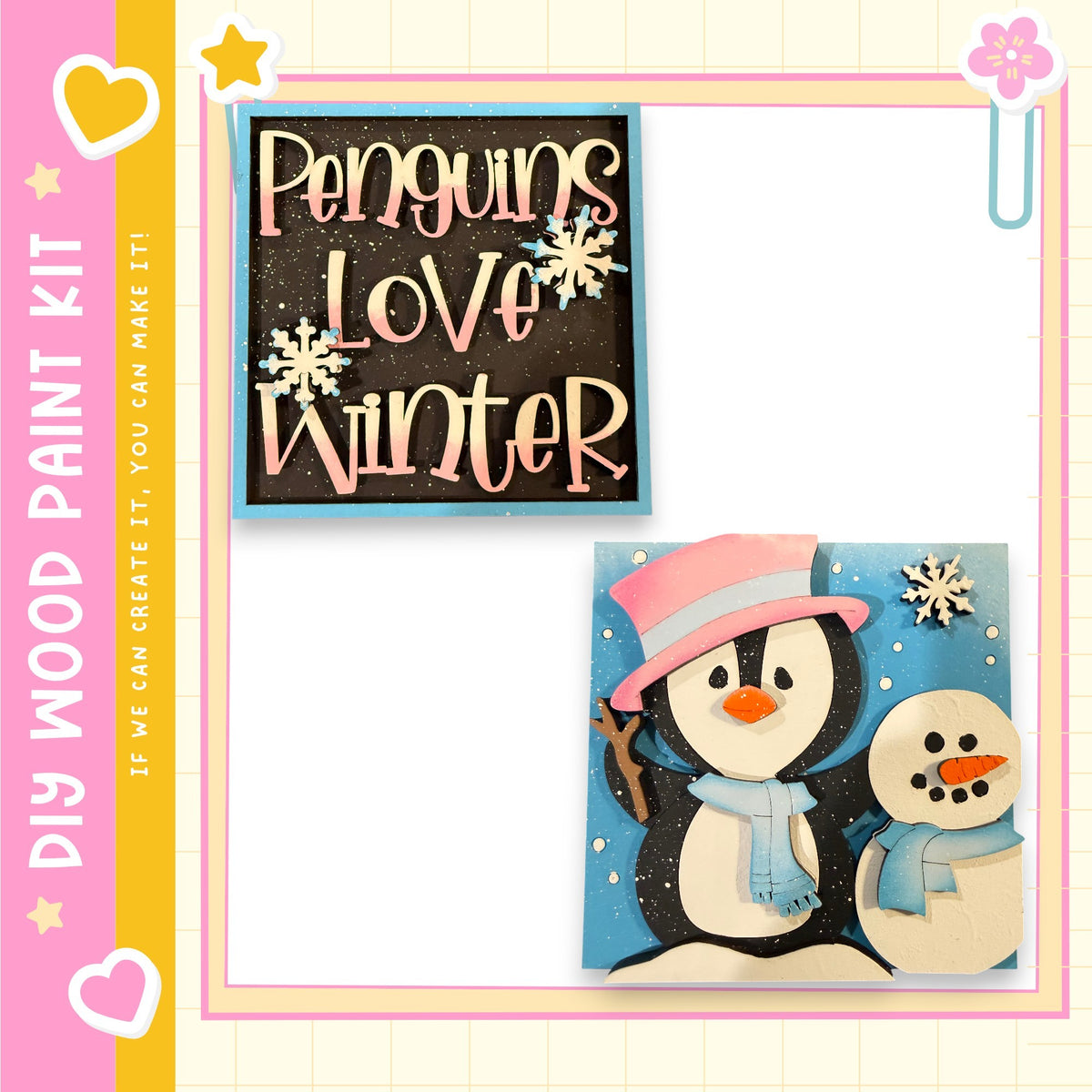 a collage of two winter-themed images. The top image features a sign with the text "Penguins Love Winter" and a snowflake design. The bottom image depicts a snowman and a penguin wearing a hat.