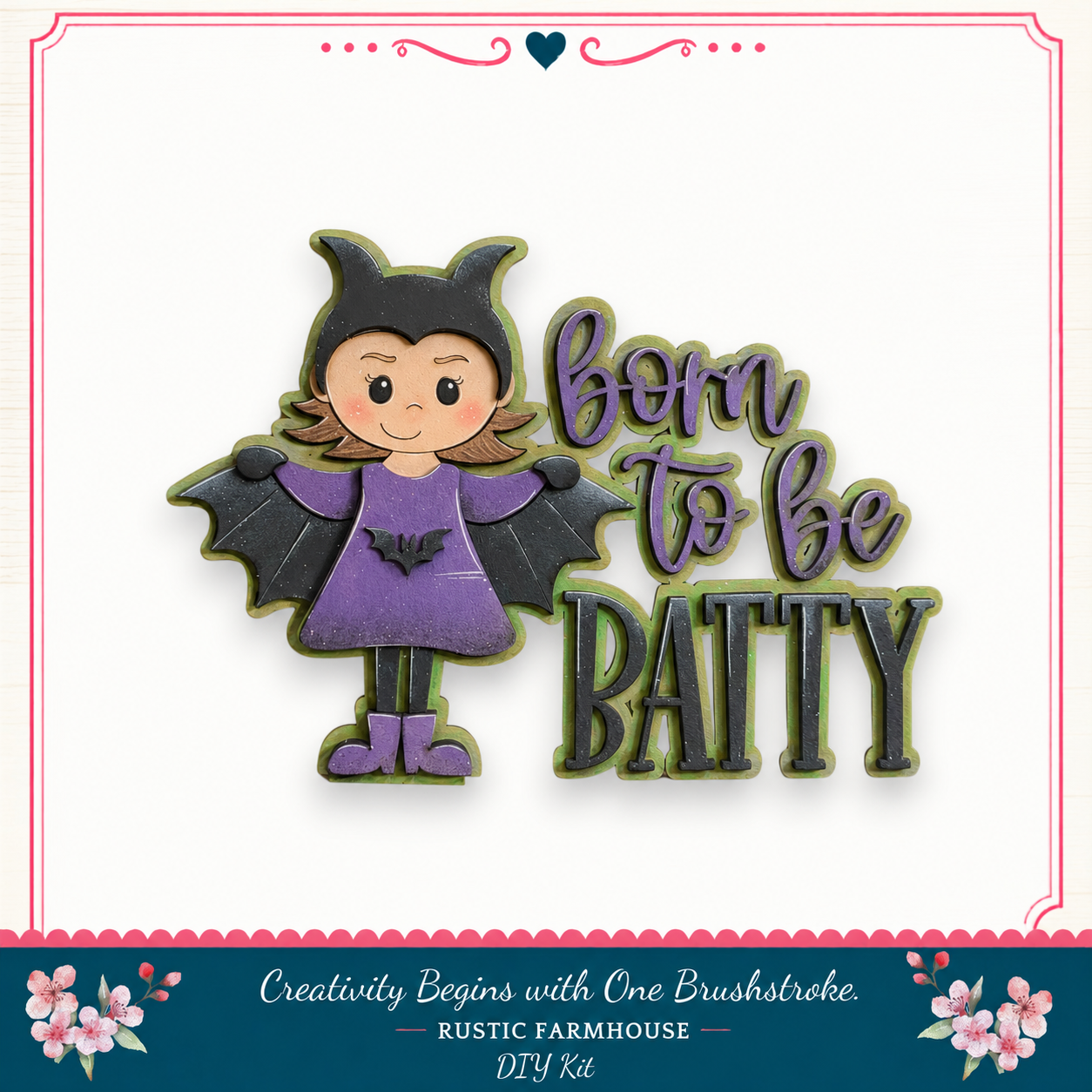 A cartoon bat character wearing a purple outfit and a bat-themed hat, with the text "born to be BATTY" written in a stylized font.