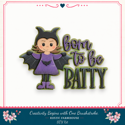 A cartoon bat character wearing a purple outfit and a bat-themed hat, with the text "born to be BATTY" written in a stylized font.