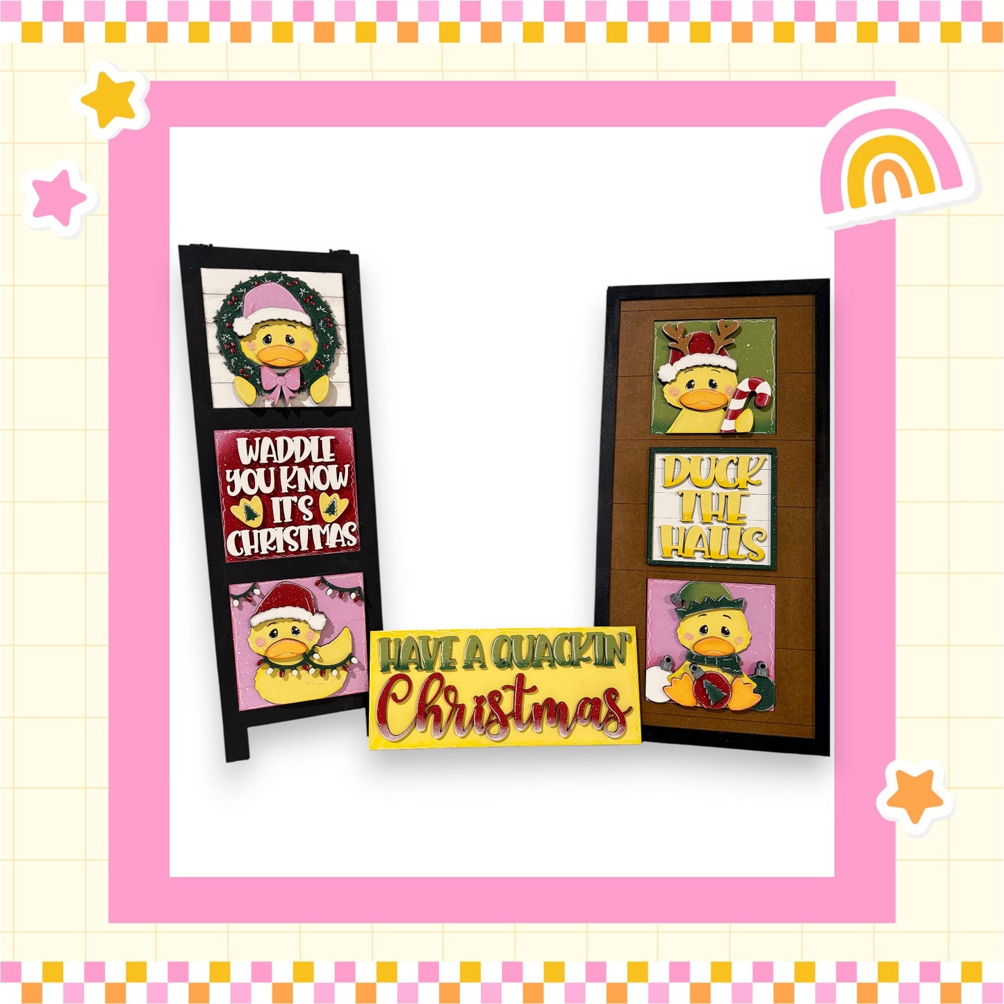 a festive Christmas-themed collage with various duck-related illustrations and text.