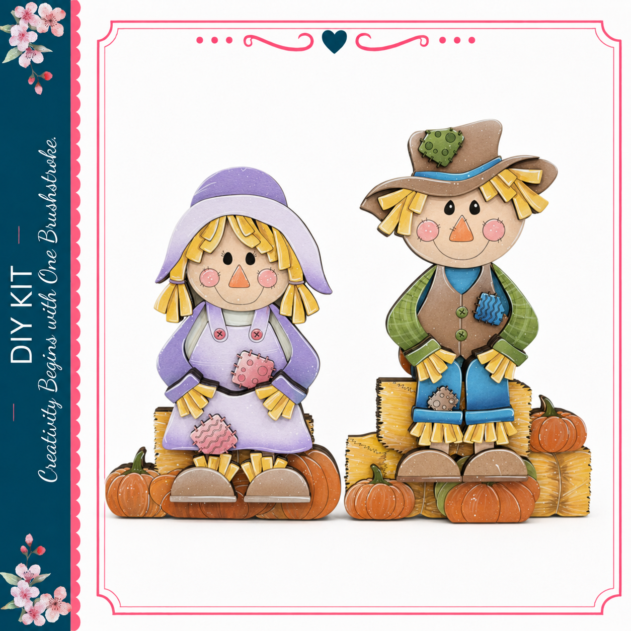 two wooden scarecrow figures, one with a purple dress and the other with a green plaid shirt and hat, sitting on a pile of hay and orange pumpkins.