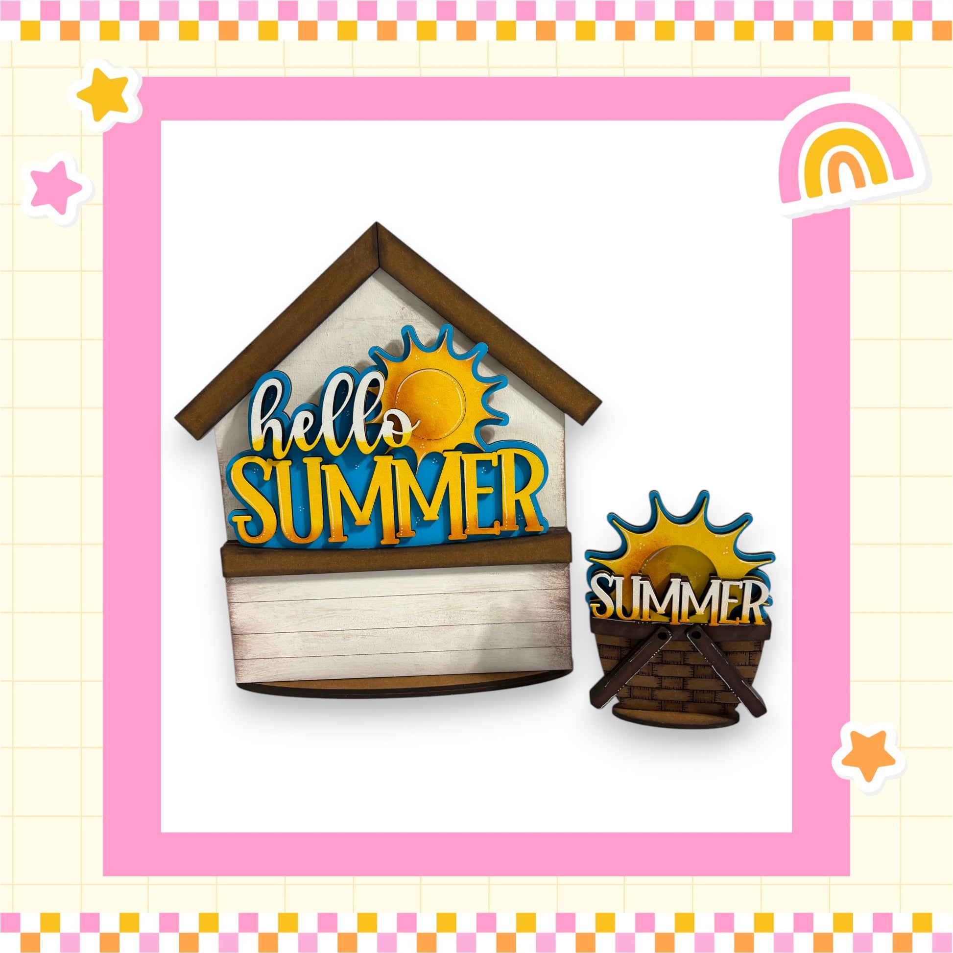 a wooden house with a sign that says "Hello Summer" in a cheerful, summery design.