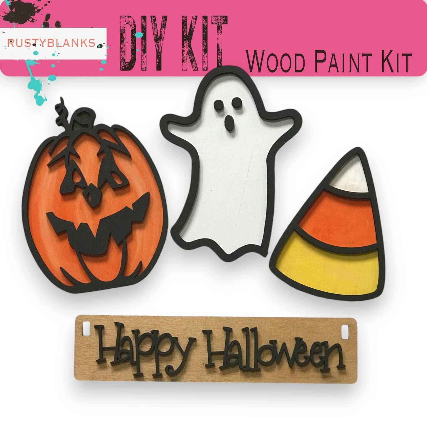 a cutout of a halloween scene with a ghost, a pumpkin, and a