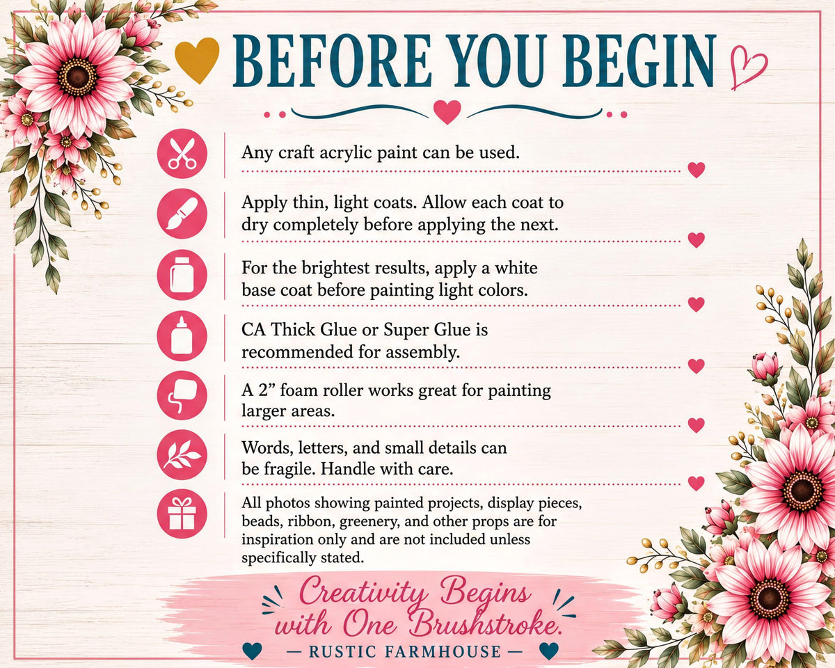 The image is a guide or instructions for creativity, with a floral border and a heart symbol. It provides guidelines for using craft acrylic paint, such as applying thin, light coats and using a white base coat before painting light colors. The image also mentions the use of CA Thick Glue or Super Glue for assembling projects, and a 2-foam roller for painting larger areas. The text emphasizes the importance of handling all photos with care, and the beginning of creativity with One Brushstroke.