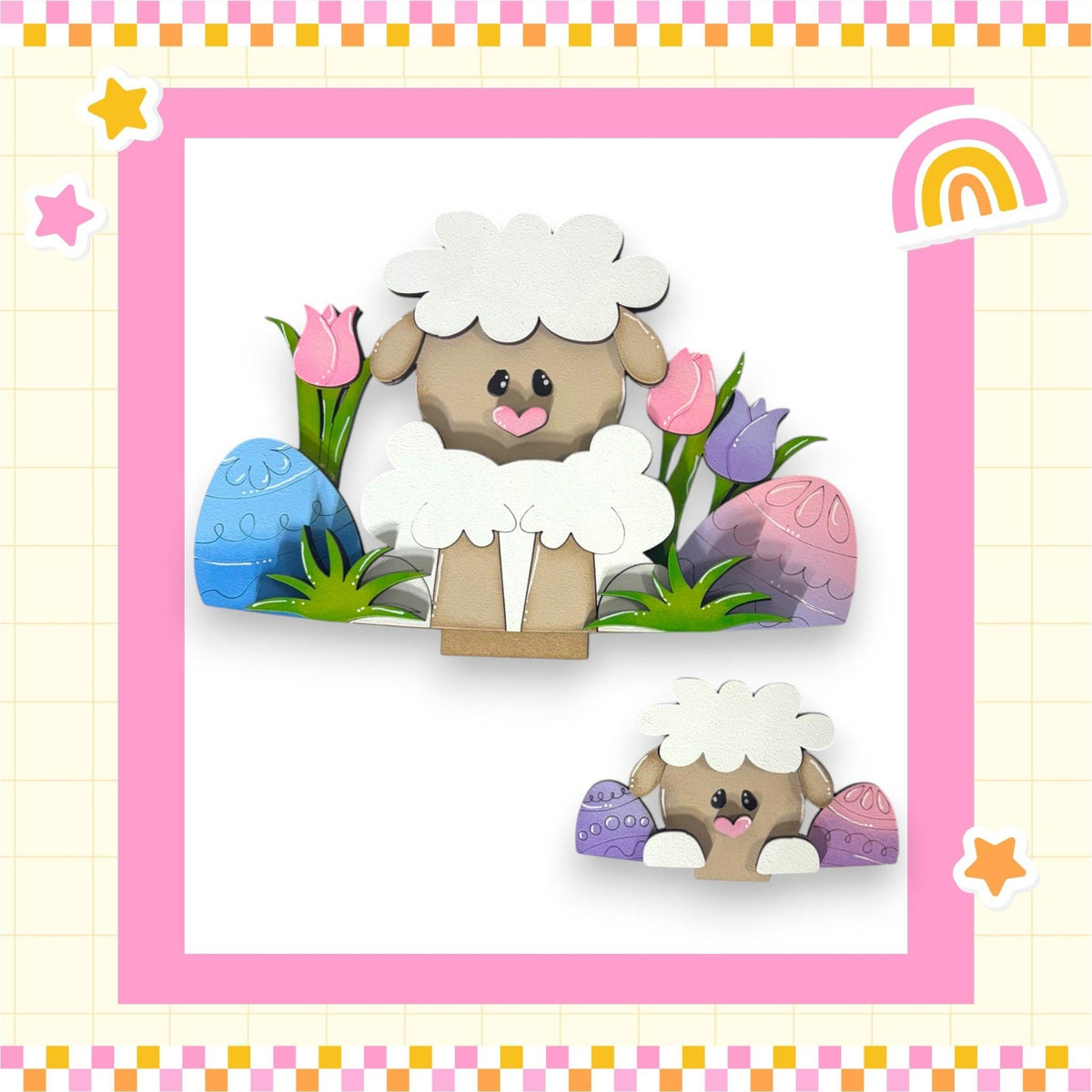 a picture of a sheep with flowers and eggs