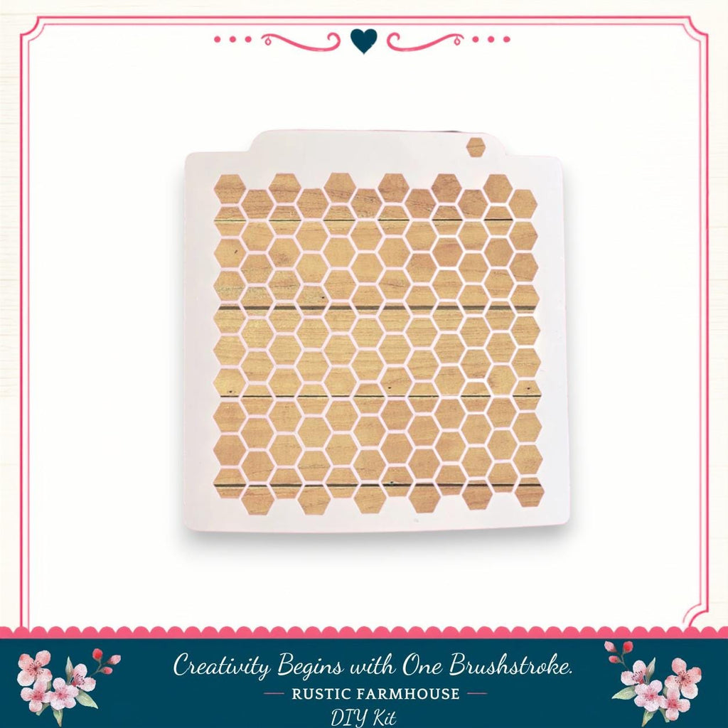 a DIY kit for creating a rustic farmhouse-style design, which includes a stencil with a honeycomb pattern.