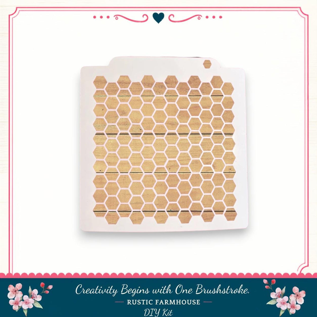 a DIY kit for creating a rustic farmhouse-style design, which includes a stencil with a honeycomb pattern.