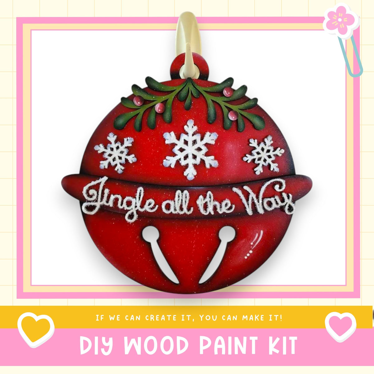 A red Christmas ornament with snowflakes and the text "Jingle all the Way" is displayed against a white background.