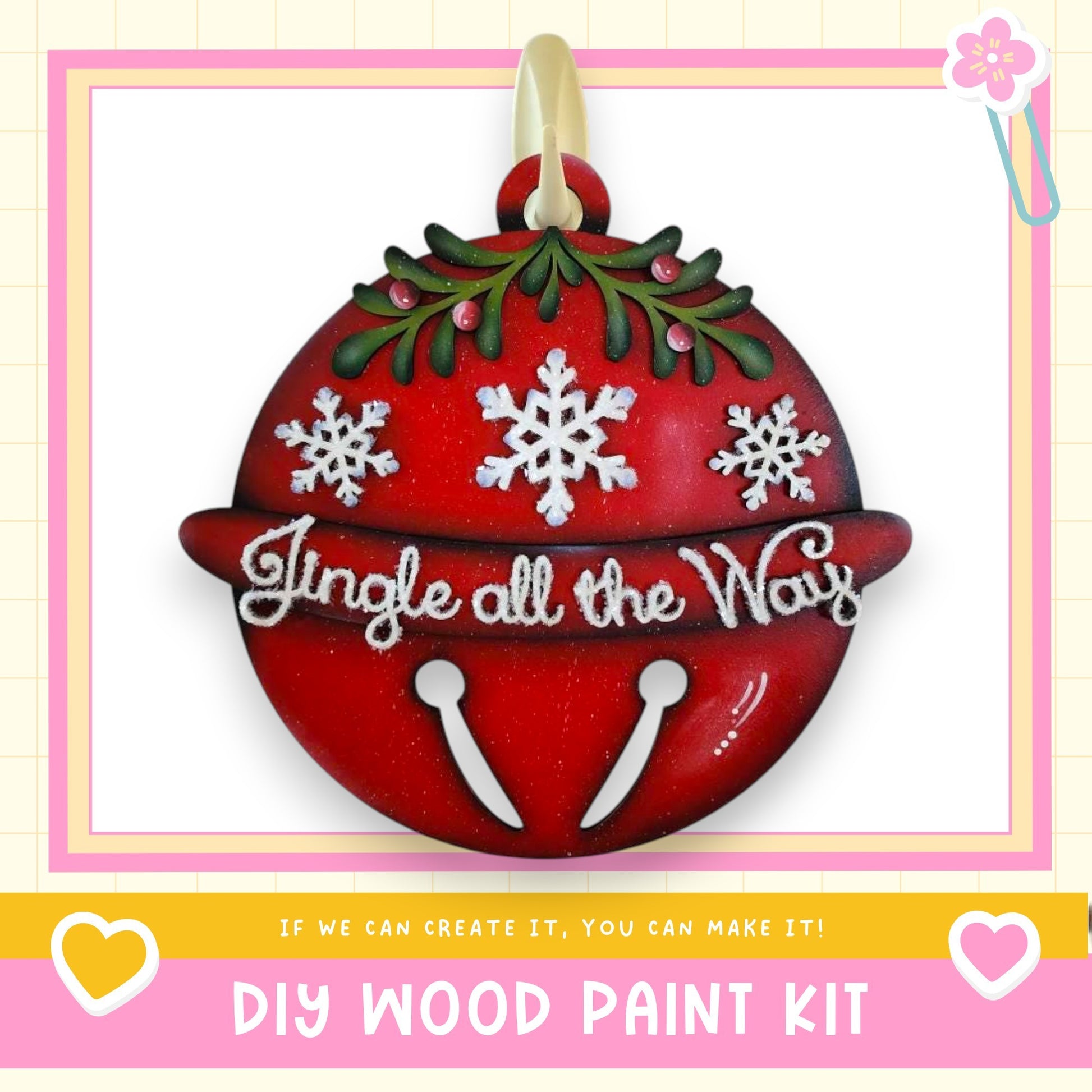 A red Christmas ornament with snowflakes and the text "Jingle all the Way" is displayed against a white background.