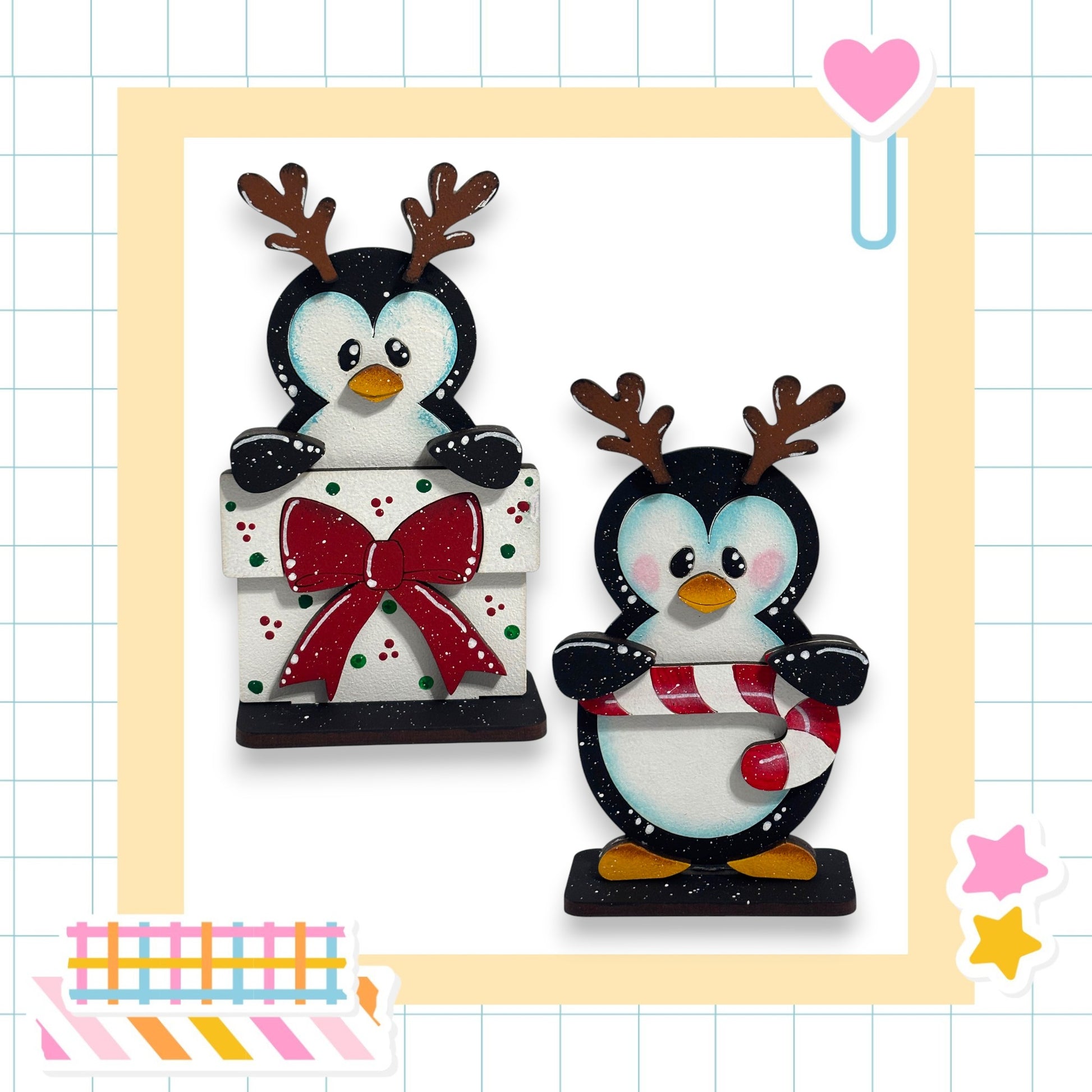 two cute penguin figurines, one standing upright and the other sitting, both wearing festive holiday decorations such as a red bow and a candy cane.