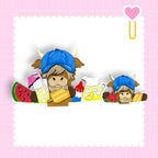 A cartoon image of two cows wearing blue hats and holding various objects, such as a watermelon, lemonade, and a cake, against a pink background with a heart shape.