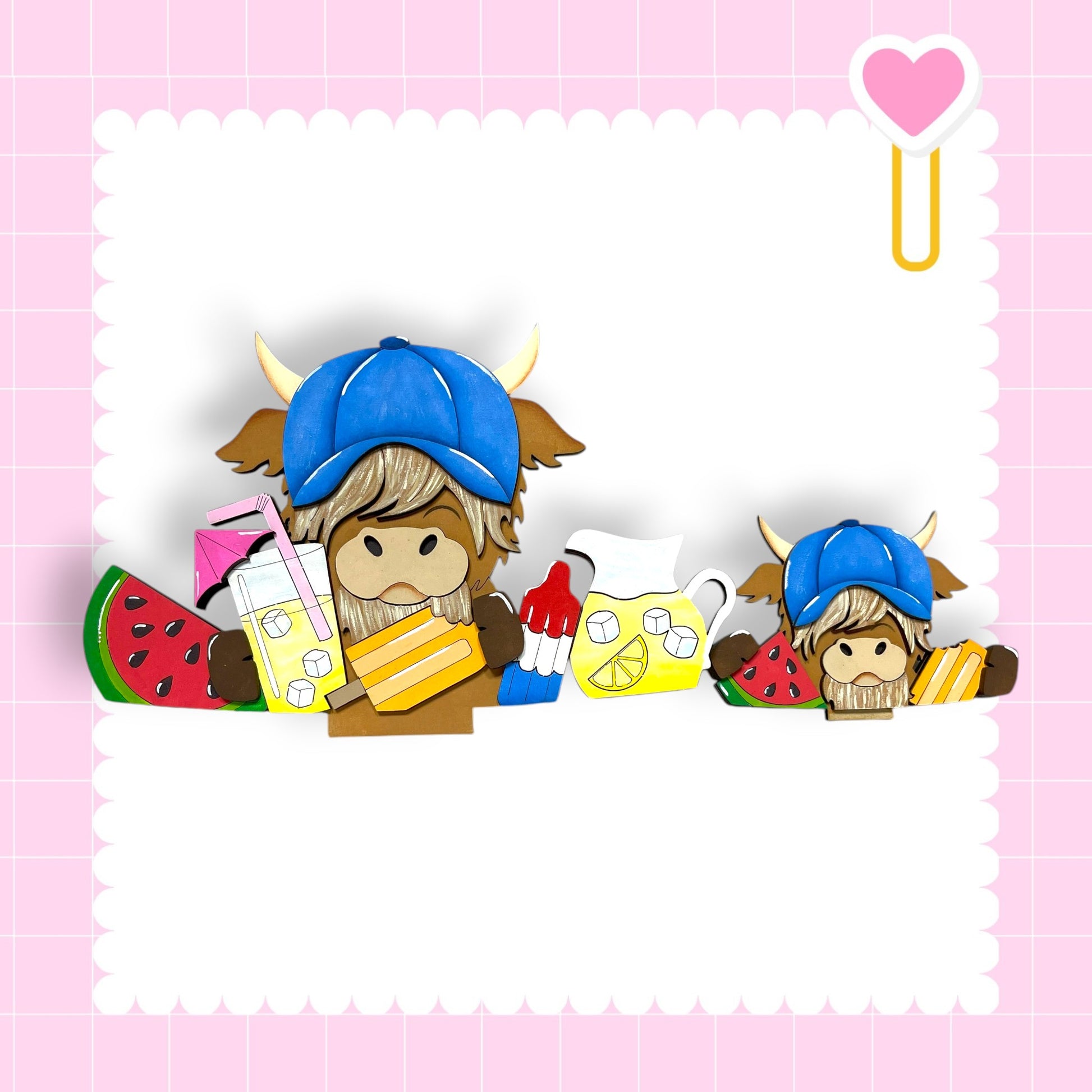 A cartoon image of two cows wearing blue hats and holding various objects, such as a watermelon, lemonade, and a cake, against a pink background with a heart shape.