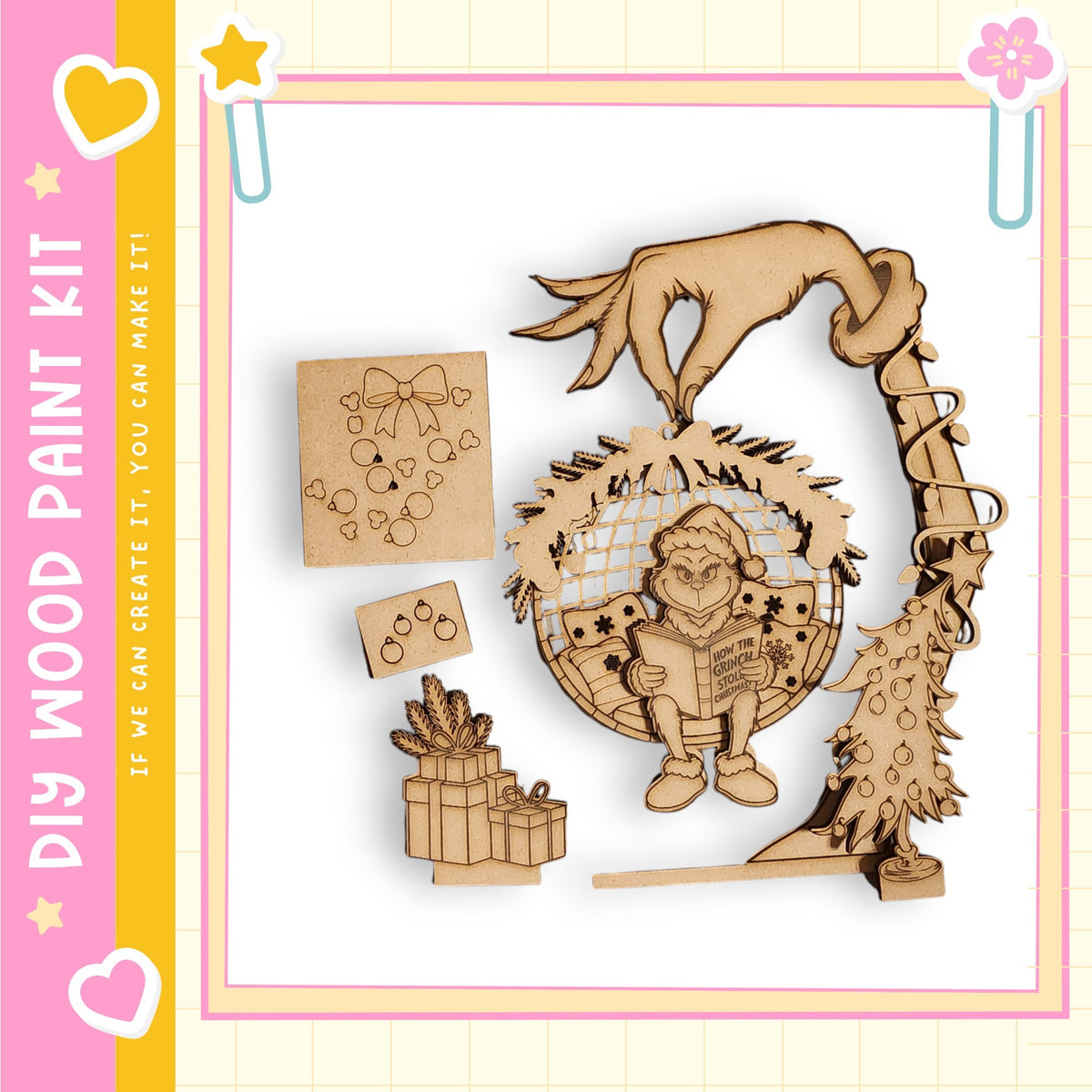 The image is a collage featuring various wooden cutouts and decorations, including a hand holding a Christmas tree, a wreath, and a gift box.