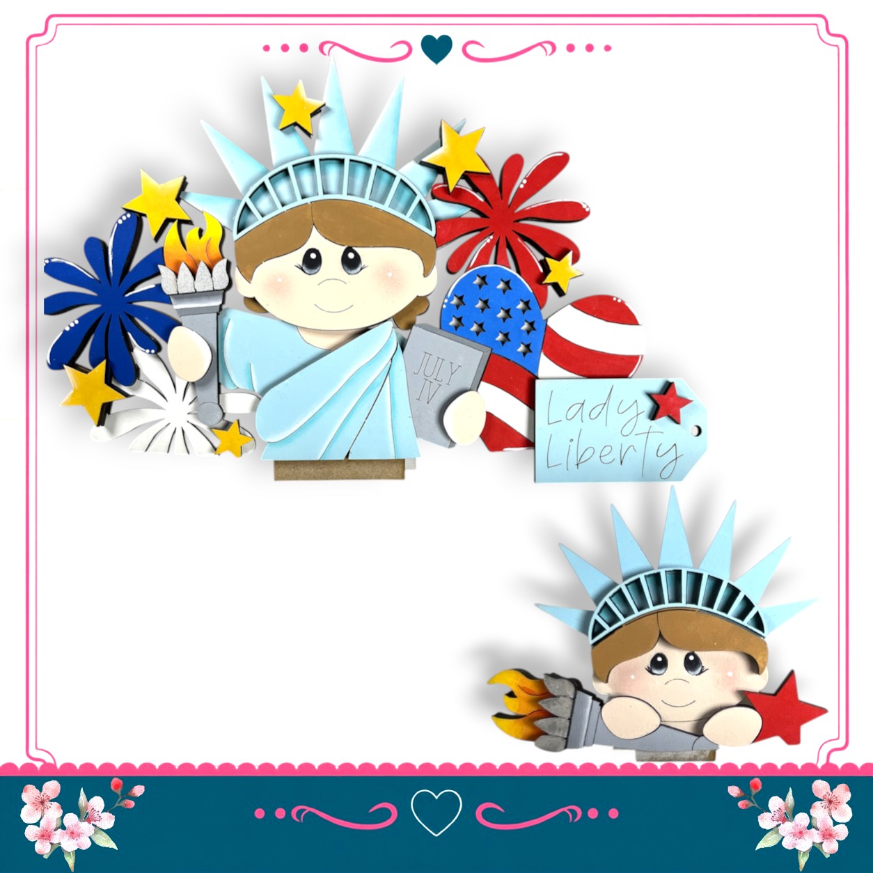 The image is a collage featuring the Statue of Liberty surrounded by various patriotic symbols, including fireworks, flowers, and a sign that says "Lady Liberty".