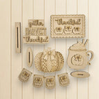 various wooden cutouts and decorations related to the Thanksgiving holiday, including a pumpkin, a mug, and a banner with the words "gather harvest thankful".