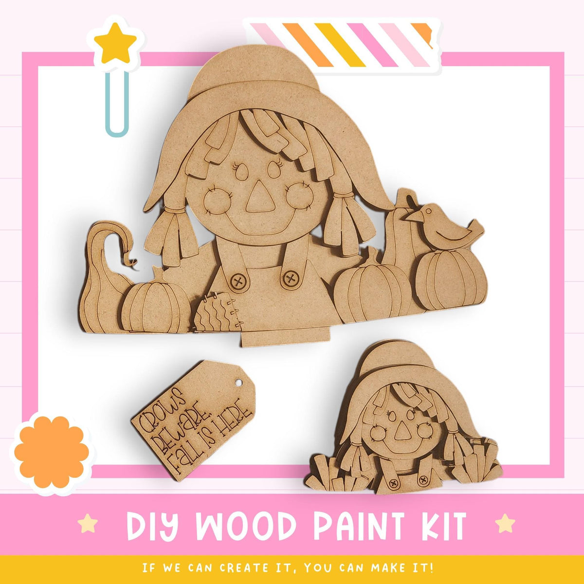 The image is a promotional poster for a DIY wood paint kit, featuring a wooden scarecrow figure and a tag with the text "Cousin Fall is HIDE".