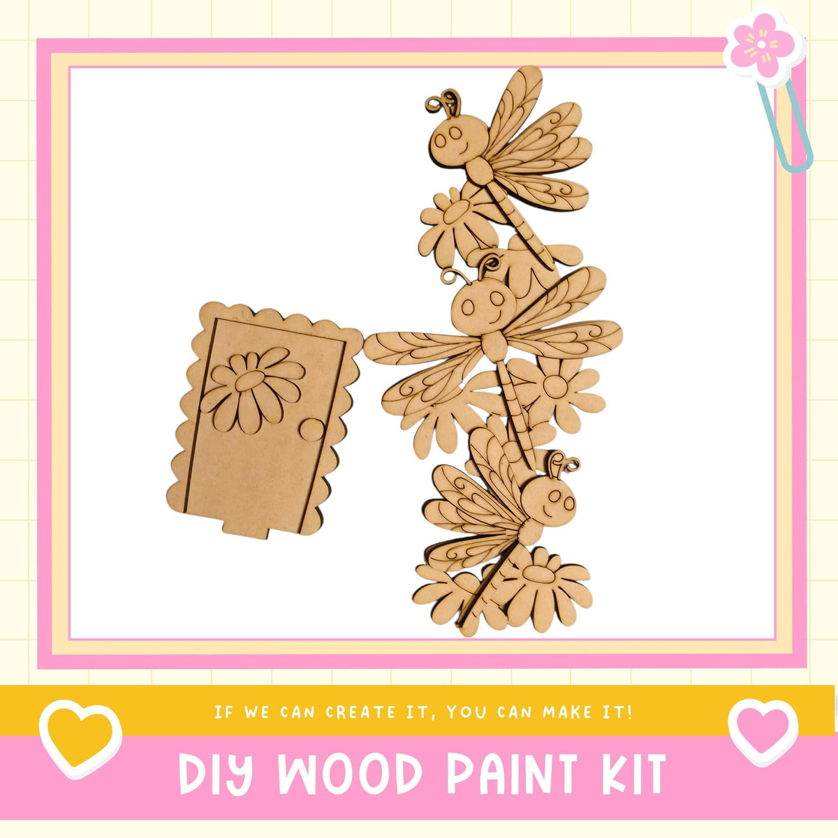 The image is a DIY wood paint kit featuring a wooden door and various wooden insects, such as dragonflies and bees, as well as a wooden flower. The kit appears to be made of wood and is designed for creating wooden decorations or art pieces.