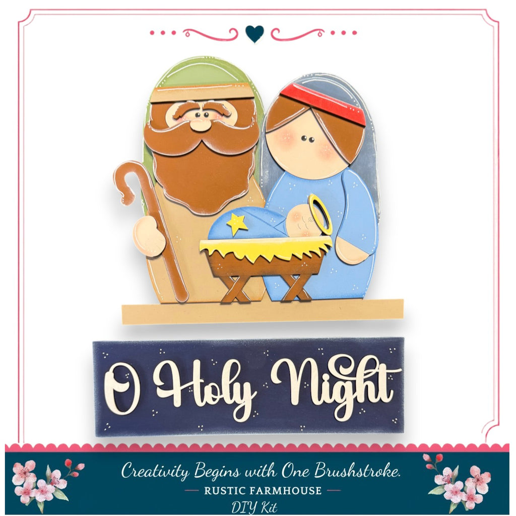 A nativity scene depicting the baby Jesus, Mary, and Joseph, with the text "O Holy Night" below the figures.