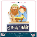 A nativity scene depicting the baby Jesus, Mary, and Joseph, with the text "O Holy Night" below the figures.