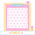 The image is a collage of various images, including a pink and white patterned background with a heart and a stencil. The word "Re-useable" is displayed above the pattern, and the word "STENCILS" is shown at the bottom of the image.