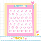 The image is a collage of various images, including a pink and white patterned background with a heart and a stencil. The word "Re-useable" is displayed above the pattern, and the word "STENCILS" is shown at the bottom of the image.