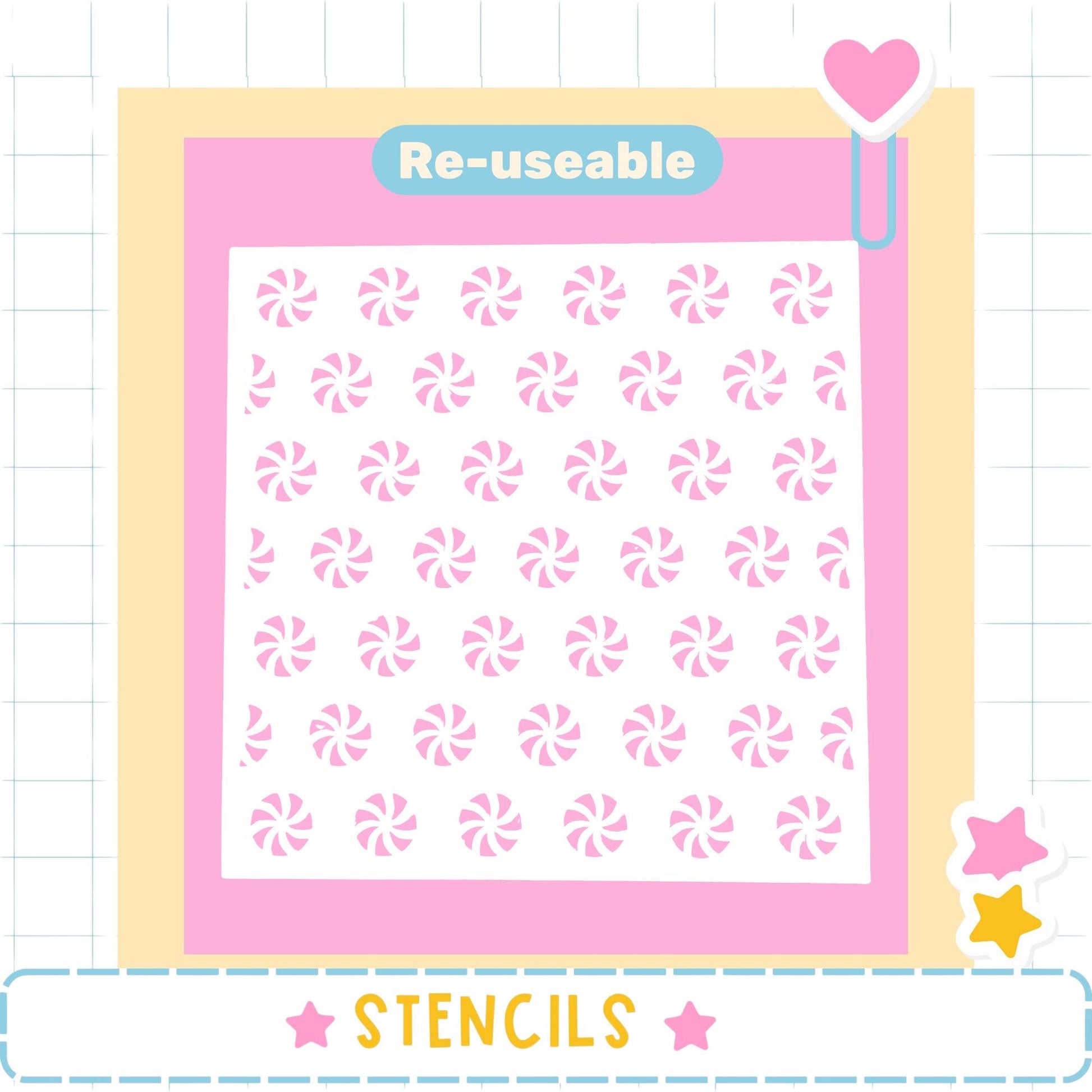 The image is a collage of various images, including a pink and white patterned background with a heart and a stencil. The word "Re-useable" is displayed above the pattern, and the word "STENCILS" is shown at the bottom of the image.