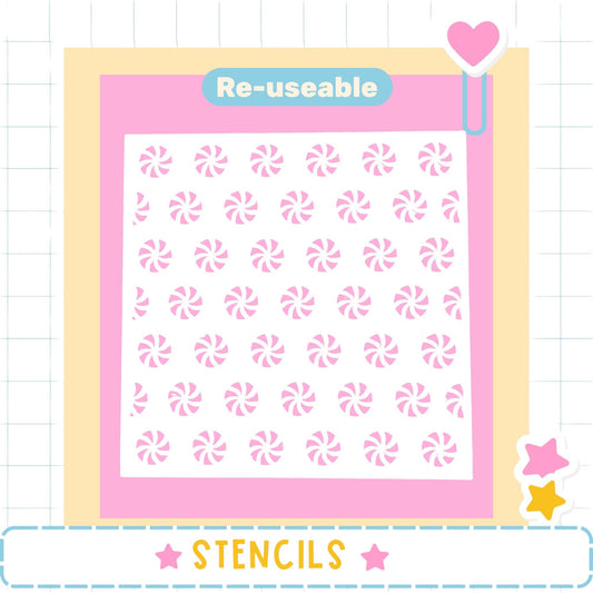 The image is a collage of various images, including a pink and white patterned background with a heart and a stencil. The word "Re-useable" is displayed above the pattern, and the word "STENCILS" is shown at the bottom of the image.