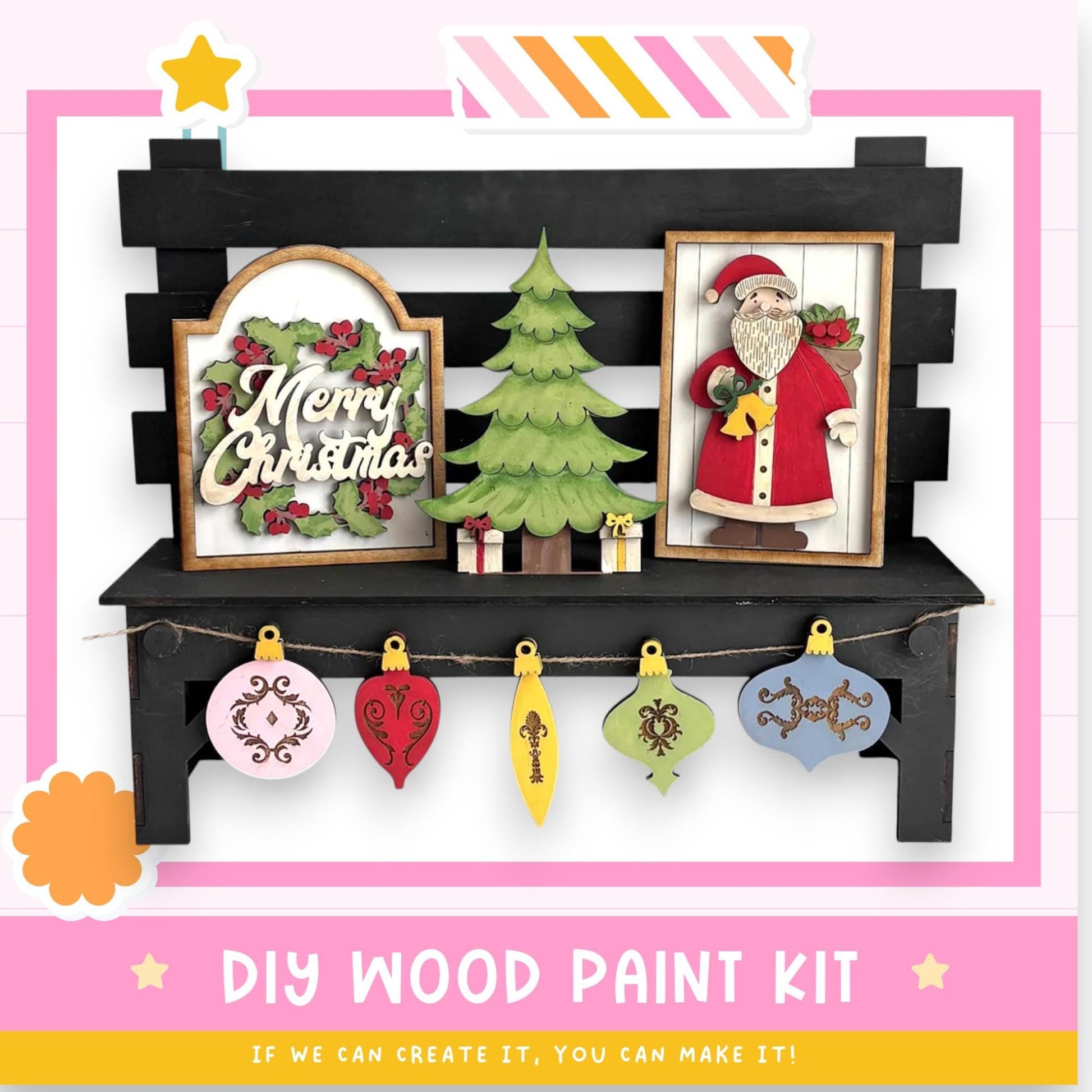 The image is a festive display featuring a Christmas-themed wooden bench with various ornaments and decorations, including a framed image of Santa Claus. The bench is adorned with a wreath, a star, and a banner with Christmas greetings. The overall scene conveys a cheerful and holiday atmosphere.