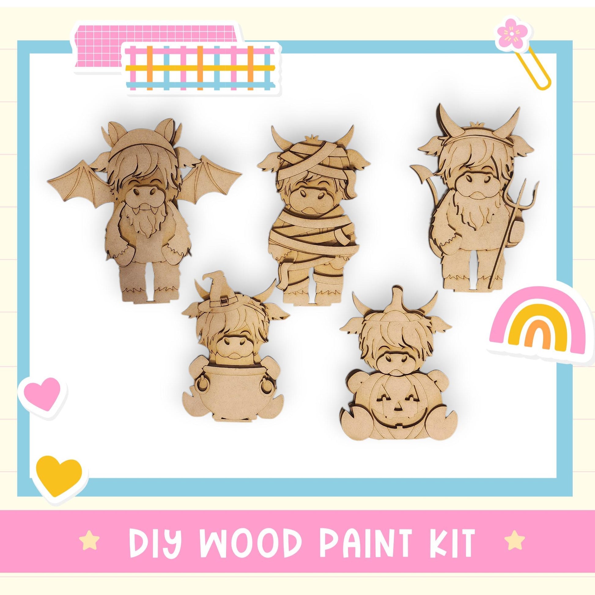 The image is a DIY wood paint kit featuring five wooden characters, including a dragon, a mummy, a unicorn, a fairy, and a unicorn.