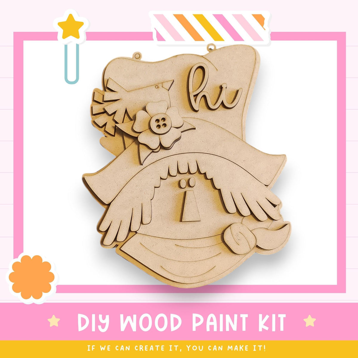 The image is a DIY wood paint kit advertisement, featuring a wooden cutout with a bird and flowers, along with a pink and white striped border.