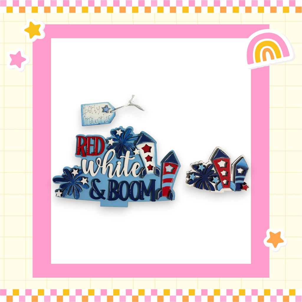 a colorful and playful design with the text "RED white & BOOM" prominently displayed. The design includes various shapes and objects, such as stars, fireworks, and a rainbow, all set against a pink and yellow background.