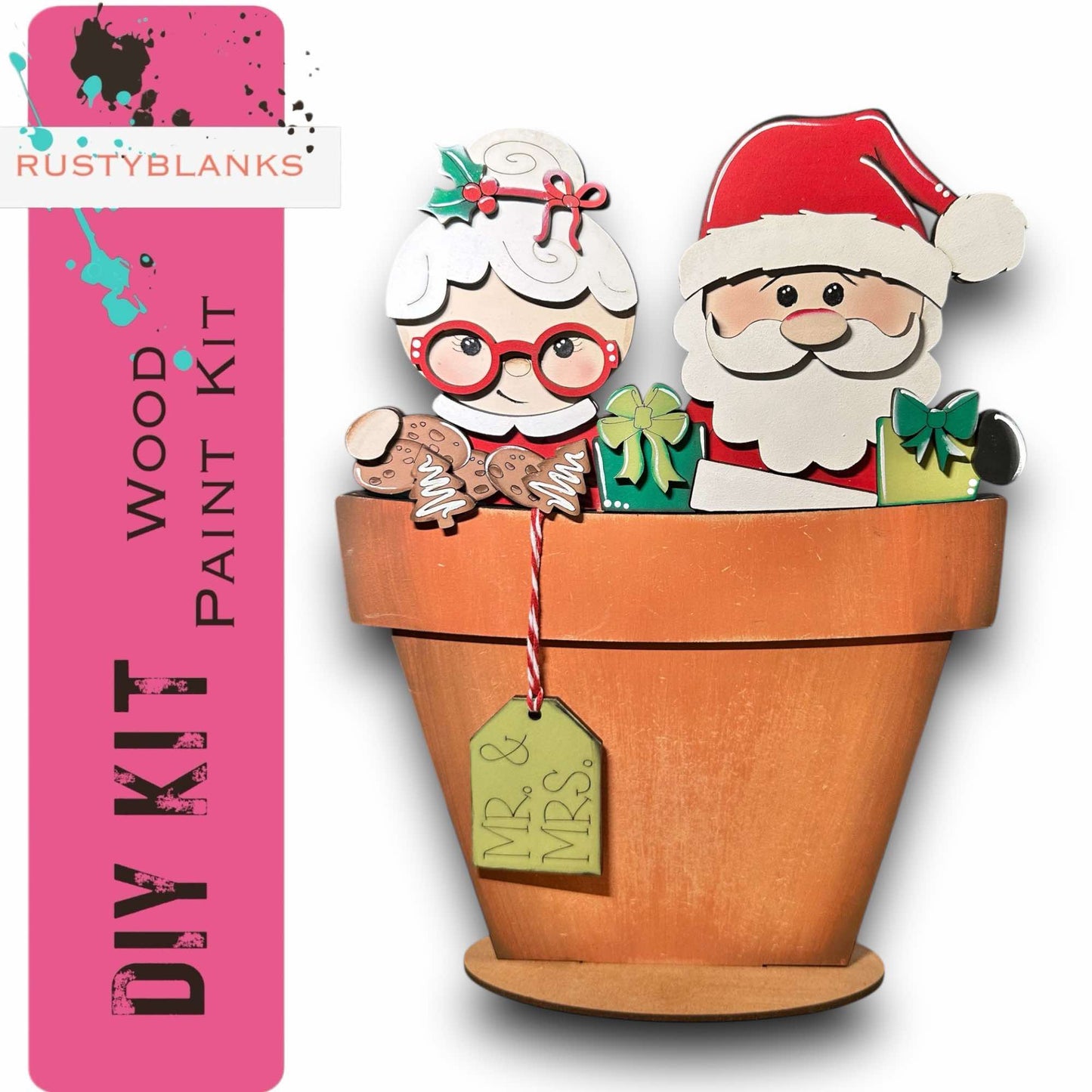 a wooden planter with santa and mrs claus in it