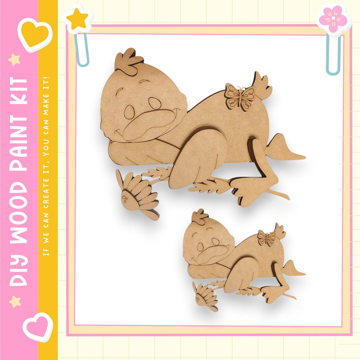 two wooden cutouts of cartoon-like animals, likely designed for a DIY paint kit.