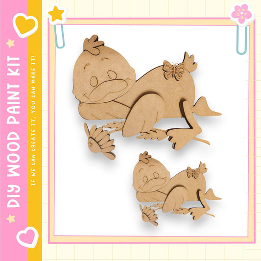 two wooden cutouts of cartoon-like animals, likely designed for a DIY paint kit.