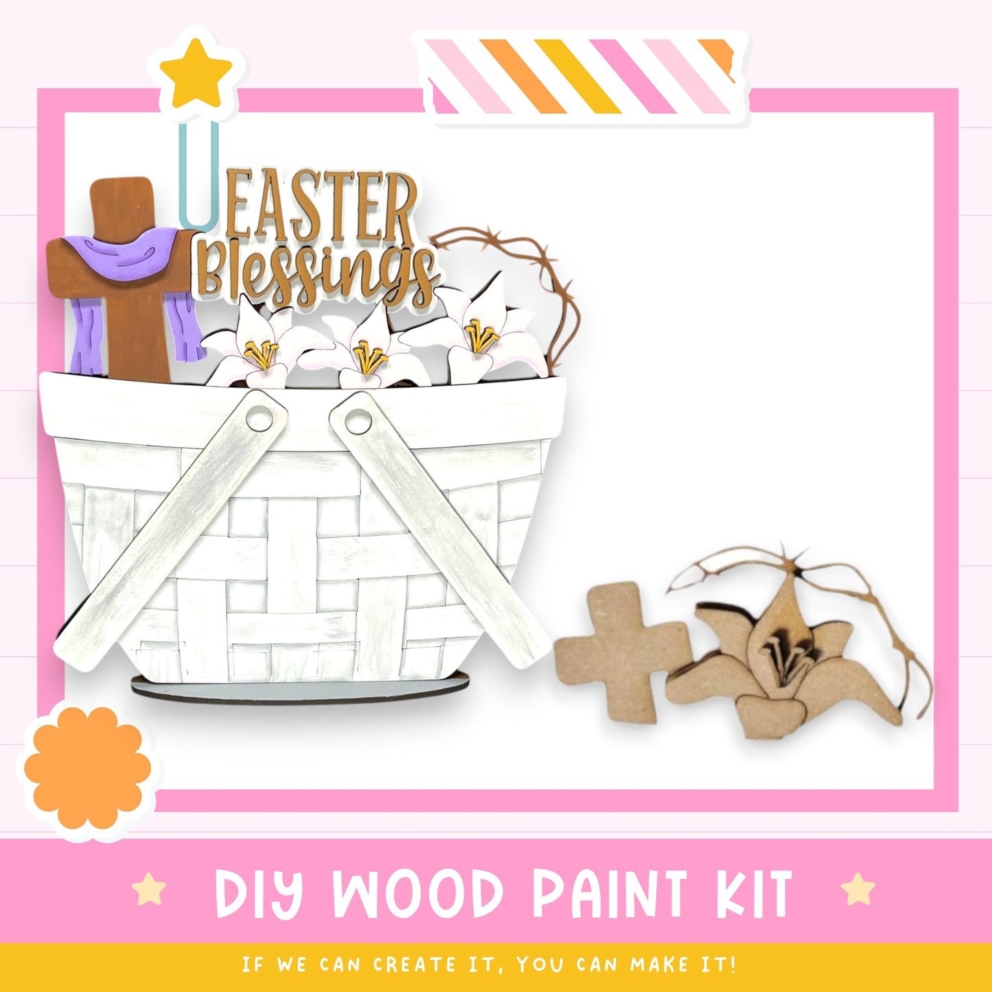 The image is a colorful Easter-themed collage featuring a basket of flowers, a cross, and wooden shapes, along with the text "EASTER BLESSINGS" and "DIY WOOD PAINT KIT" indicating a kit for creating Easter decorations.