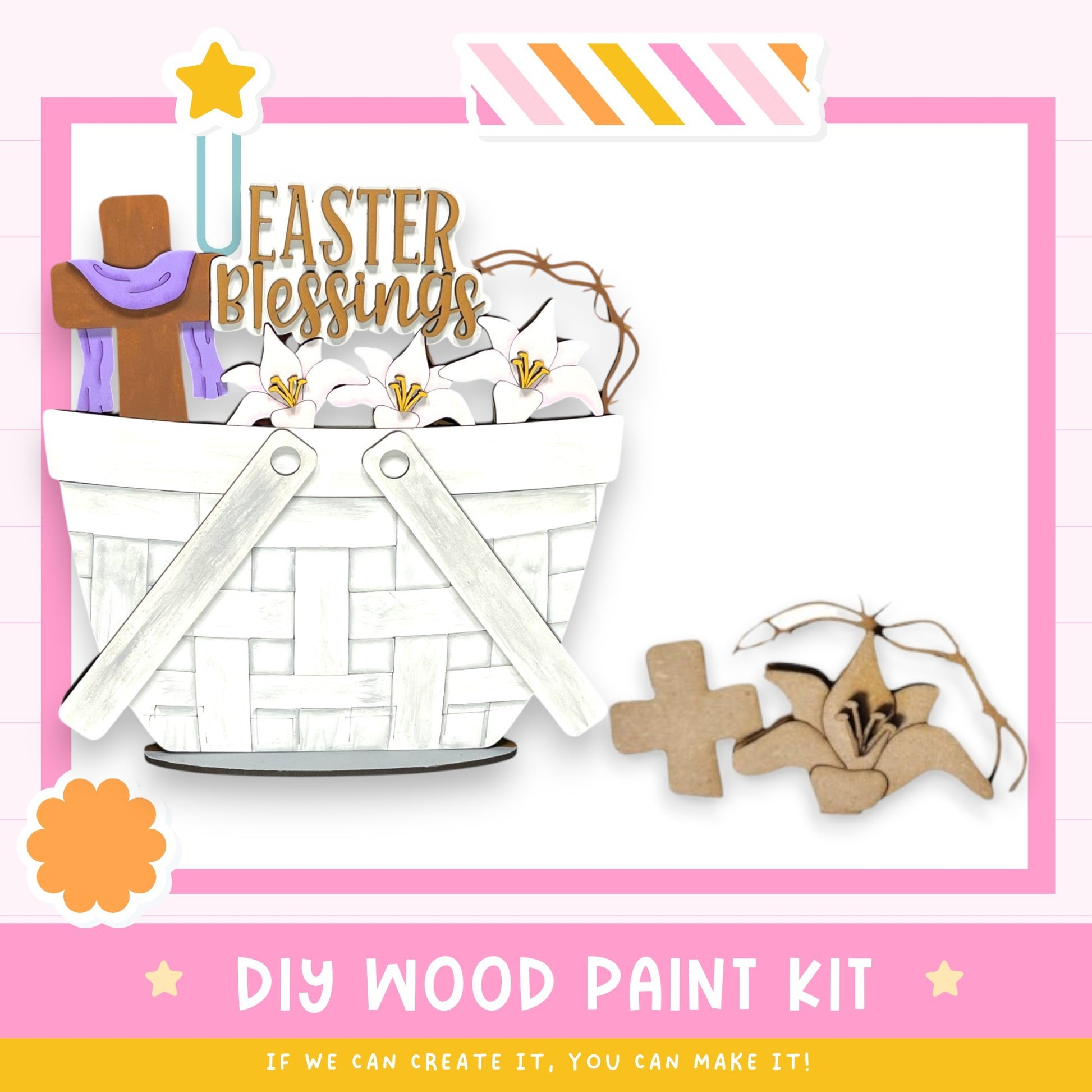 The image is a colorful Easter-themed collage featuring a basket of flowers, a cross, and wooden shapes, along with the text "EASTER BLESSINGS" and "DIY WOOD PAINT KIT" indicating a kit for creating Easter decorations.