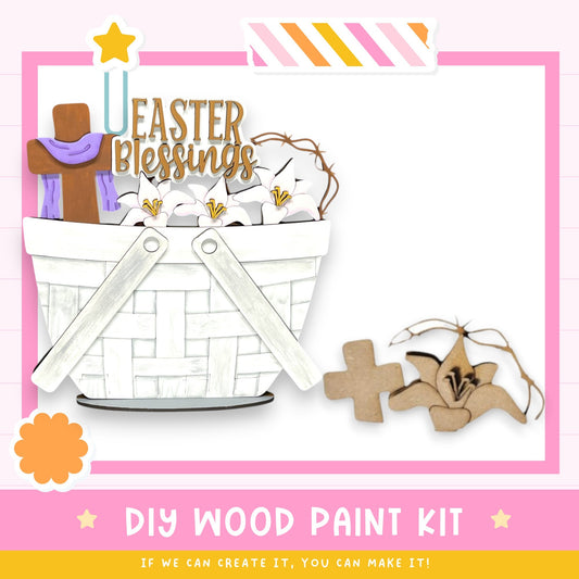 The image is a colorful Easter-themed collage featuring a basket of flowers, a cross, and wooden shapes, along with the text "EASTER BLESSINGS" and "DIY WOOD PAINT KIT" indicating a kit for creating Easter decorations.