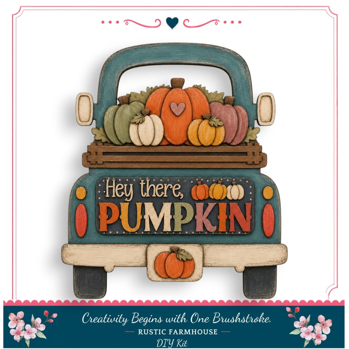 A wooden truck decorated with pumpkins and the text "Hey there, PUMPKIN" is featured in the image.