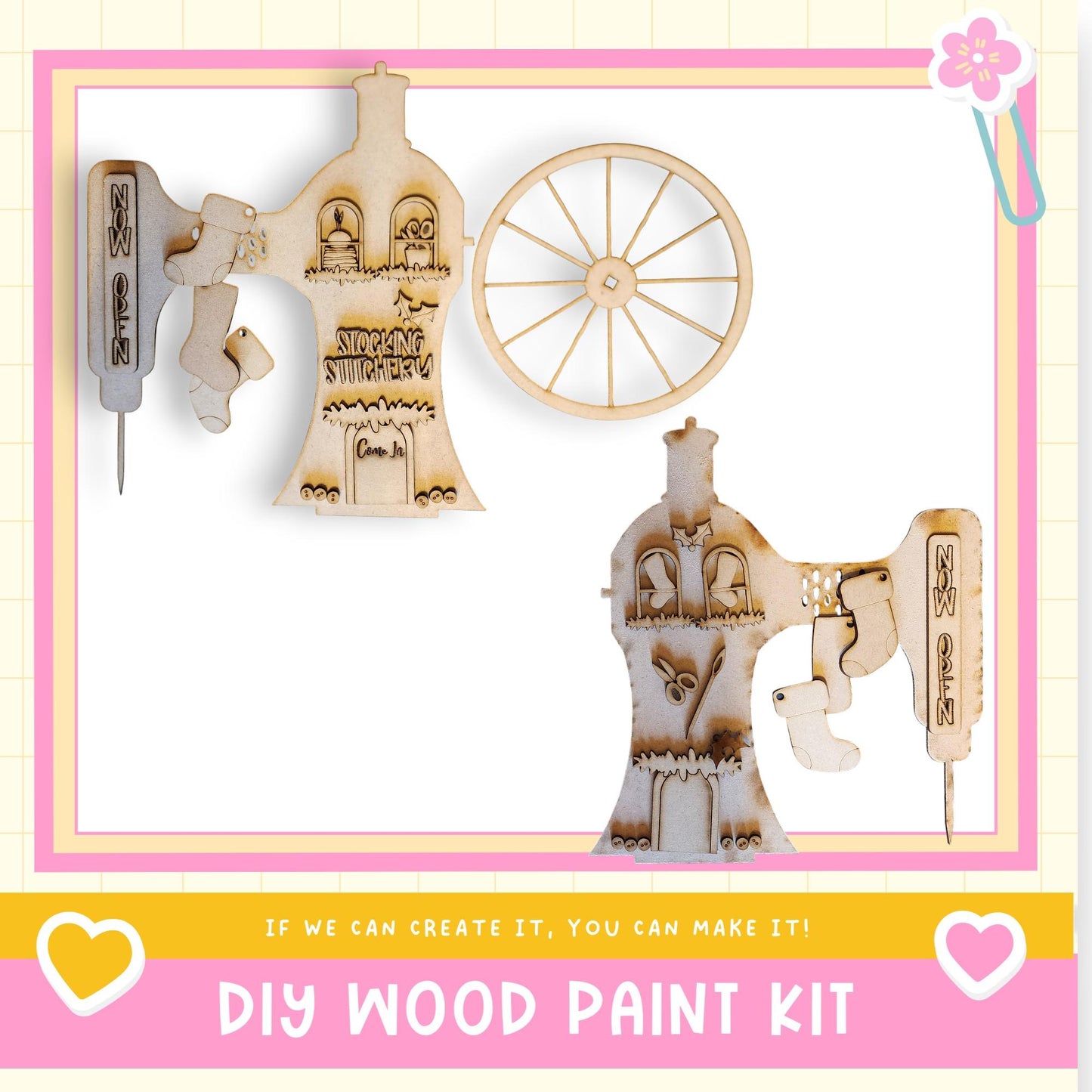 The image is a DIY wood paint kit advertisement, featuring a wooden toy house and a wooden wheel. The text on the image encourages viewers to "If we can create it, you can make it!" and provides a "DIY WOOD PAINT KIT" with a heart symbol and a flower.