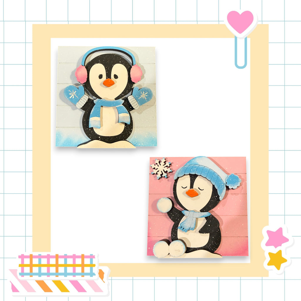 The image is a collage featuring two cute penguin illustrations, one standing and one sitting, both wearing winter accessories like mittens and hats.
