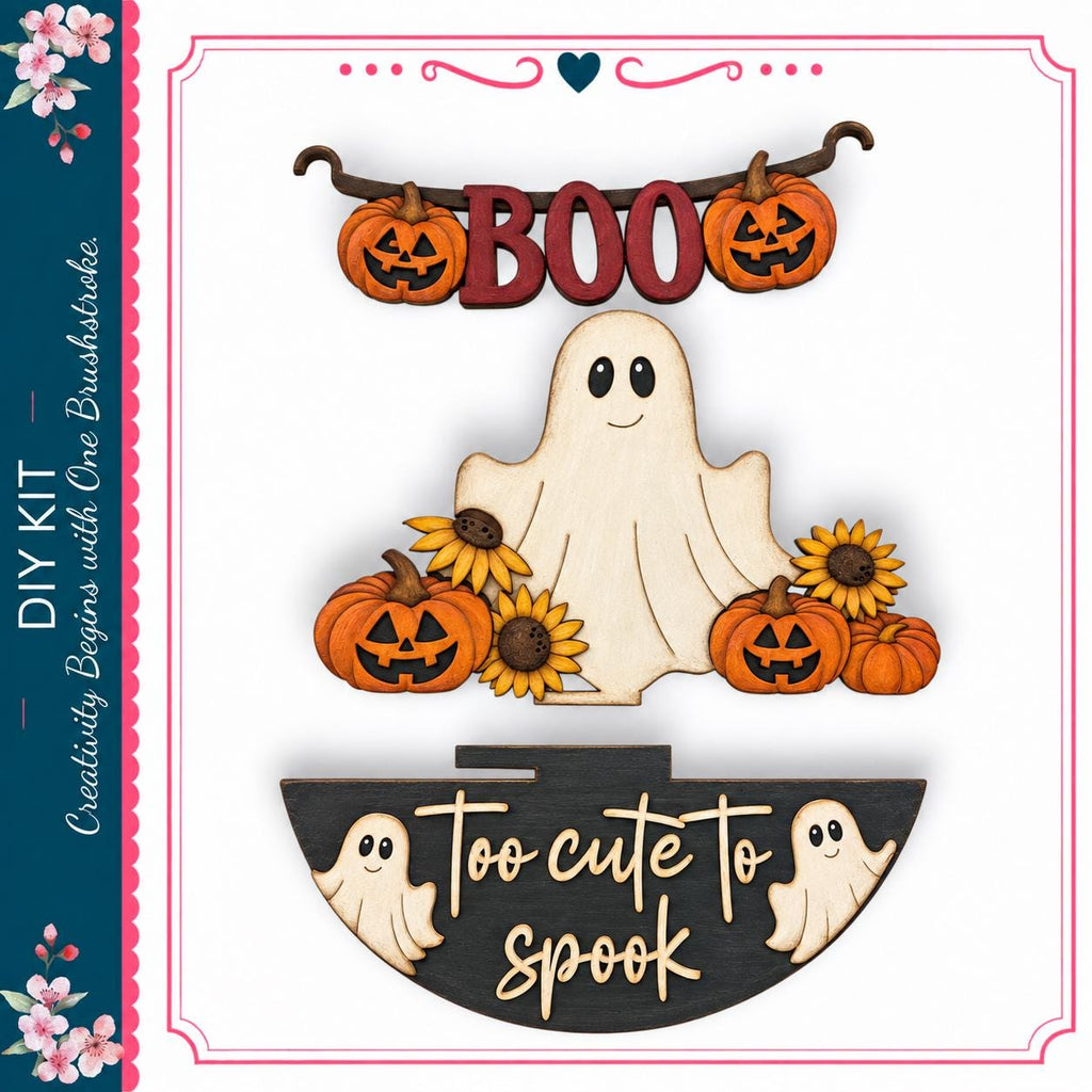 The image is a Halloween-themed collage featuring a ghost, pumpkins, sunflowers, and the word "BOO" in a decorative font.