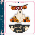The image is a Halloween-themed collage featuring a ghost, pumpkins, sunflowers, and the word "BOO" in a decorative font.